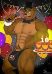 abs anthro balloon barely_visible_genitalia barely_visible_penis blue_eyes bow_tie brown_body brown_fur bulge cake clothing dessert electronics food fur genitals inflatable male microphone muscular muscular_anthro muscular_male nipples pecs penis pubes solo thong underwear sondinker_fazbear's five_nights_at_freddy's scott_cawthon scottgames freddy_(fnaf) bear humanoid mammal absurd_res hi_res