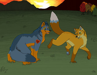 ambiguous_gender arm_tattoo autumn black_nose blue_body blue_fur blue_pawpads blue_tongue brown_body brown_fur detailed_background digitigrade duo feral fur grass green_eyes head_tuft open_mouth open_smile orange_body orange_fur outside pawpads paws pink_tongue plant raised_tail running shoulder_tattoo smile snout standing sunset tail tattoo tongue tree tuft yellow_body yellow_fur yellow_sclera sebdoggo ash_fox_(skeleion) toby_wolfkat canid canine canis domestic_dog fox husky hybrid mammal nordic_sled_dog spitz 2011 aliasing cel_shading digital_drawing_(artwork) digital_media_(artwork) microsoft_paint_(artwork) shaded female_(lore) male_(lore)