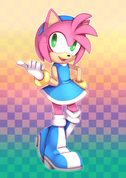 accessory alternate_color alternate_costume anthro blue_boots blue_clothing blue_dress blue_footwear boots bracelet checkered checkered_background clothing dress eyelashes female footwear fur gesture gloves green_eyes hair hair_accessory hairband hand_gesture hand_on_hip handwear jewelry knee_boots knee_highs legwear open_mouth open_smile pattern_background pink_body pink_fur pink_hair pointing pose shoes simple_background smile solo tan_body saltorii sega sonic_the_hedgehog_(series) amy_rose eulipotyphlan hedgehog mammal absurd_res hi_res