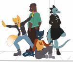 anthro female group male simple_background smoking white_background balderdash999 night_in_the_woods angus_delaney bea_santello gregg_lee mae_borowski bear canid canine crocodile crocodilian domestic_cat felid feline felis fox mammal reptile scalie absurd_res hi_res