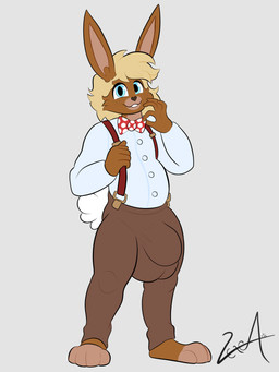 anthro balls big_bulge big_penis blonde_hair blue_eyes bottomwear bow_(feature) brown_body brown_fur bulge clothed clothing feet fur genitals hair looking_at_viewer male pants paws penis shirt simple_background smile solo suspenders tail teeth topwear vexter_arts lagomorph leporid mammal rabbit 3:4 absurd_res digital_media_(artwork) hi_res signature