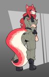 absurd_res amelia_(disambiguation) anthro arm_at_side belt big_breasts big_butt big_tail boots breasts butt butt_pose canid canine canis clothing empskit female footwear hi_res looking_back mammal military pose simple_background solo tail wolf
