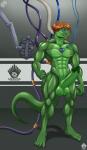 abs anthro balls beard biceps big_balls big_muscles big_penis biped blue_eyes brown_hair erection facial_hair genitals goatee green_balls green_body green_penis green_scales hair humanoid_genitalia humanoid_penis machine male muscular muscular_anthro muscular_male navel nude pecs penis robotic_reveal scales smile solo wire libra-11 lex_(lurdanjo) android hybrid lizard reptile robot scalie 2017 digital_media_(artwork) hi_res