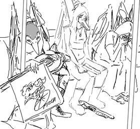 anthro bodily_fluids box clothed clothing container crying electric_guitar eyes_closed feathered_wings feathers female food group guitar gun hair hand_on_head handgun humor inside_train long_hair long_snout makeup midriff musical_instrument navel pistol pizza pizza_box plucked_string_instrument ranged_weapon shotgun simple_background sitting sleeping snout string_instrument tears train trio vehicle weapon white_background wings unknown_artist cavemanon_studios goodbye_volcano_high ko_op_(game_developer) snoot_game fang_(gvh) prehistoric_species pterosaur reptile scalie meme monochrome sketch