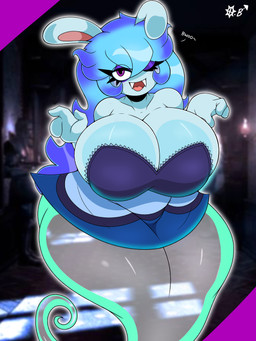 anthro big_breasts blue_hair breasts cleavage clothed clothing dress female hair huge_breasts huge_thighs long_hair looking_at_viewer one_eye_closed open_mouth pupils purple_eyes solo text thick_thighs white_body wide_hips wink omegabrawl mario_bros mario_plus_rabbids_sparks_of_hope nintendo raving_rabbids rayman_(series) ubisoft midnite_(mario_plus_rabbids) ghost lagomorph mammal rabbid spirit 2022 3:4 digital_media_(artwork) english_text hi_res