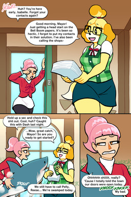 anthro blush blush_stickers clothed clothing dialogue duo eyelashes eyewear female glasses hair long_eyelashes ponytail profanity speech_bubble text lovetopullmicke animal_crossing nintendo isabelle_(animal_crossing) villager_(animal_crossing) aquatic canid canine canis domestic_dog fish human mammal shark 2:3 absurd_res comic english_text hi_res