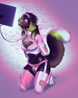 anthro bdsm black_body black_fur bondage bound breasts cleavage_cutout clothing collar cutout dipstick_ears dipstick_tail ear_markings ears_back female fluffy fluffy_tail fur hands_behind_back happy_slave heart_eyes heart_symbol highlights_(coloring) hypnosis kneeling latex latex_clothing latex_legwear latex_stockings leash legwear markings mind_control multicolored_ears panties pivoted_ears screen sex_toy solo static stockings tail tail_markings underwear vibrator arh neon_(the_furry_ninja) canid canine fox mammal hi_res