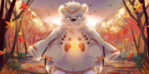 anthro autumn belly clothing detailed_background fur grass humanoid_hands leaf male maple_leaf navel outside plant shirt slightly_chubby solo sun topwear tree underwear white_body white_fur bearp_(artist) avian bear bird mammal 2019 hi_res