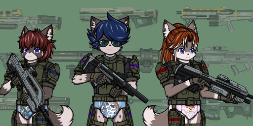 anthro armor assault_rifle battle_armor blue_hair clothed clothing diaper eyewear female glasses group gun hair male male/female male/male pull-ups_(diaper) ranged_weapon red_hair rifle science_fiction training_pants trio weapon wearing_diaper felixsandcat halo_(series) microsoft xbox_game_studios canid canine canis domestic_dog german_shepherd herding_dog hybrid mammal pastoral_dog wolf wolfdog absurd_res hi_res