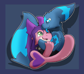 anthro blue_body blue_eyes blue_fur claws collar duo female feral fluffy fur green_eyes hair heart_symbol horn hug latex licking male male/female open_mouth paws pink_body pink_scales purple_hair scales smile spiked_collar spikes tail text tongue stealthyspirit nintendo pokemon nora_(stove2) nuke_(stealthyspirit) eeveelution generation_2_pokemon kobold pokemon_(species) reptile scalie shiny_pokemon umbreon digital_media_(artwork) hi_res