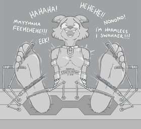 5_toes anthro barefoot bdsm blush bodily_fluids bondage bound breasts captured clothing collar cuff_(restraint) dialogue dungeon eek feet female foot_fetish foot_focus fully_bound hands_behind_back humanoid_feet interrogation laugh plantigrade prison_uniform prisoner restrained restraints science_fiction shackles sitting soles solo stocks stuttering submissive submissive_female tears text tickle_torture tickling tickling_feet tickling_machine tight_clothing toes vocalization caroo beastars juno_(beastars) canid canine canis mammal wolf english_text