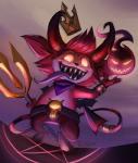 anthro bone clothing crown evil_face fur glowing glowing_eyes hair headgear horn kerchief male melee_weapon polearm red_body red_fur red_hair skull solo teeth tongue tongue_out trident weapon te4moon_(artist) teamoon league_of_legends riot_games tencent devil_teemo_(lol) teemo_(lol) demon satyr yordle