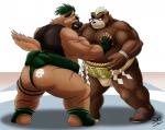 anthro belly bodily_fluids brown_body brown_fur bulge butt dohyo duo fighting_ring fur humanoid_hands male overweight overweight_male scar sumo sumo_ring sumo_wrestling sweat shadowninja976 lifewonders tokyo_afterschool_summoners ashigara_(tas) yasuyori_(tas) bear canid canine canis domestic_dog mammal 2020