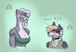 anthro blonde_hair breasts clothing collar crop_top duo eyewear fangs female fur glasses grey_body grey_fur hair height_theme larger_female male purple_body purple_fur sabertooth_(anatomy) shirt size_difference smaller_male tank_top teeth thoughts topwear white_hair katzenkompf dean_(drako1997) border_collie canid canine canis collie domestic_dog felid herding_dog mammal pantherine pastoral_dog prehistoric_species saber-toothed_tiger sheepdog snow_leopard hi_res