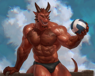 2_horns 5_fingers abs anthro ball barazoku biceps big_muscles biped black_clothing black_speedo black_swimwear blue_sky bulge claws clothed clothed_anthro clothed_male clothing cloud countershade_torso countershading day deltoids facial_spikes fence finger_claws fingers front_view head_horn holding_ball holding_object horn huge_muscles looking_aside male manly muscular muscular_anthro muscular_male navel nipples non-mammal_nipples obliques open_mouth open_smile outside pecs red_body red_claws red_countershading red_tongue reverse_countershading scales serratus silhouette sky smile snout solo speedo speedo_only spikes spikes_(anatomy) standing swimwear tail teeth text tongue tongue_showing topless topless_anthro topless_male vein veiny_muscles volleyball_(ball) taran_fiddler mythology ambient_bird dragon mythological_creature mythological_scalie scalie wingless_dragon 2023 5:4 artist_name dated detailed digital_media_(artwork) digital_painting_(artwork) hi_res painting_(artwork) portrait three-quarter_portrait