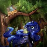 birds_nest blue_eyes crown cutie_mark detailed_background duo feathered_wings feathers female feral forest grass hair headgear horn jewelry light musical_note musical_symbol nature necklace outside plant shrub singing sparkles symbol tree wings secret-pony friendship_is_magic hasbro my_little_pony mythology princess_luna_(mlp) avian bird equid equine mammal mythological_creature mythological_equine winged_unicorn 1:1 2014