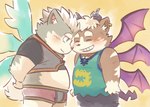 anthro belly blush clothing crop_top duo feathered_wings feathers grin horn male male/male membrane_(anatomy) membranous_wings midriff shirt smile topwear wings young garouzuki crave_saga hi_res