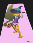 anthro barefoot bulge clothed clothing costume crossdressing feet fishnet_clothing garter_straps hat headgear headwear holidays legwear male membrane_(anatomy) solo stockings toes webbed_feet witch_hat oselotti halloween quill_wonderfowl anatid anseriform avian bird duck 2022 absurd_res hi_res