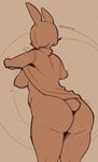 anthro big_breasts big_butt bodily_fluids bottomless breasts breath butt clothed clothing clothing_lift female hair nipples rear_view scut_tail shirt shirt_lift short_hair short_tail simple_background slightly_chubby solo standing sweat sweater sweaty_butt tail tan_background thick_thighs topwear wide_hips spikedmauler brianne_(spikedmauler) lagomorph leporid mammal rabbit 2024 absurd_res hi_res monochrome signature