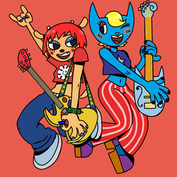 bass_guitar blonde_hair blue_body blue_fur clothed clothing crop_top duo electric_guitar female fur guitar hair midriff musical_instrument navel orange_body orange_fur plucked_string_instrument red_hair shirt string_instrument topwear parappa_the_rapper sony_corporation sony_interactive_entertainment um_jammer_lammy katy_kat lammy_lamb bovid caprine domestic_cat felid feline felis mammal sheep 1:1
