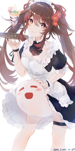 blush clothing dessert female food human_focus legwear maid_uniform not_furry_focus solo uniform swkl:d genshin_impact mihoyo hu_tao_(genshin_impact) ghost human humanoid mammal spirit absurd_res hi_res