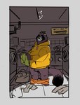 anthro balls clothing detailed_background genitals hoodie laundromat male slightly_chubby solo topwear underwear p0sporo canid canine mammal raccoon_dog tanuki 2023