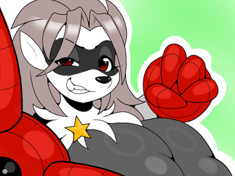 anthro areola big_breasts breasts cybernetic_arm cybernetic_limb female fur grey_body grey_fur grey_hair hair huge_breasts mask mechanical_arm red_eyes smile smiling_at_viewer solo star teeth white_body white_fur kloudmutt bandai_namco digimon digimon_beatbreak digimon_(species) wolvermon 2025 4:3 hi_res