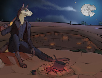 anthro armed barefoot clothing coat cooking_pot desert extinguished_fire feet gun male moon night post-apocalyptic ranged_weapon saloon shotgun solo topwear trenchcoat wasteland weapon tren fallout microsoft hidalgo_(bushdog) night_stalker_(fallout) hi_res
