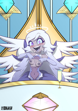 alcohol armwear beverage blue_eyes blue_sclera blush blush_lines bodily_fluids breasts champagne champagne_glass clothing container cup date_pov dress drinking_glass drooling elbow_gloves exposed_breasts eyelashes feathered_wings feathers female freckled_face freckles glass glass_container glass_cup glistening glistening_body glistening_breasts glistening_skin gloves grey_body grey_hair grey_skin hair halo handwear heart_eyes heart_symbol looking_at_viewer lustful_gaze medium_breasts nipples not_furry open_mouth open_smile saliva smile solo text tongue tongue_out wings h1draw hazbin_hotel hellaverse emily_(hazbin_hotel) angel angel_humanoid humanoid seraph_(angel) winged_humanoid 2025 absurd_res artist_name digital_drawing_(artwork) digital_media_(artwork) hi_res watermark