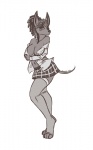 anthro bottomwear clothed clothing female looking_at_viewer plaid skimpy skirt solo tail demona69 daysha_candice anubian_jackal canid canine canis jackal mammal 2012 monochrome