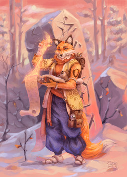 anthro backpack book bottomwear brown_body brown_fur clothing female footwear forest front_view fur holding_book holding_object leaf looking_at_viewer magic_user outside pants plant rock runes sandals scroll shoes snow solo standing tail topwear tree vest whiskers a_littlecrazy paizo pathfinder pathfinder:_wrath_of_the_righteous nenio canid canine fox mammal hi_res