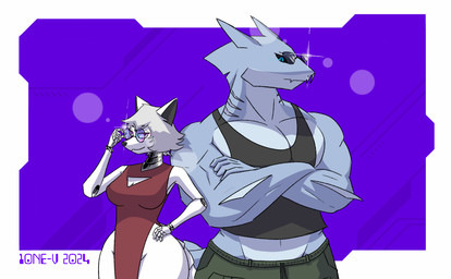 abstract_background anthro black_clothing black_sclera blue_body blue_eyes breasts clean_lineart cleavage cleavage_cutout clothed clothing confident crossed_arms cutout dress duo eyewear female fin glasses gradient_background green_clothing grey_hair hair hand_on_hip larger_male looking_at_viewer looking_away love machine male muscular muscular_male pelvic_curtain purple_background purple_eyes serious shirt simple_background size_difference sleeveless_dress smaller_female smug sparkles stylish tank_top thick_thighs topwear white_body wide_hips 10ne-v alexa_(10ne-v) aquatic canid canine carpet_shark fish fox ginglymostomatid living_machine mammal nurse_shark robot shark colored hi_res