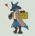 anthro black_body black_fur blue_body blue_fur blush cosplay fur heart_symbol holding_object holding_sign male sign smile solo tail text yellow_body yellow_fur unknown_artist never_gonna_give_you_up nintendo pokemon rickroll rick_astley canid canine generation_4_pokemon lucario mammal pokemon_(species) english_text meme