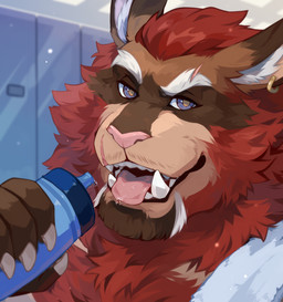 anthro beverage blue_eyes brown_body brown_fur ear_piercing ear_ring eyebrows fur holding_beverage holding_object inside locker locker_room male open_mouth piercing pupils red_body red_fur red_nose red_tongue ring_piercing solo tongue tongue_out white_eyebrows yellow_pupils corzh77 species_request bust_portrait hi_res portrait