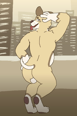 anthro backsack balcony balls belly blush blushlines brown_body brown_fur brown_line_art brown_nose brown_pawpads butt city city_background cityscape detailed_background feet fur genitals hand_on_head hand_on_hip male outside pawpads presenting presenting_hindquarters solo standing tail tan_body tan_fur teeth tongue tongue_out white_balls white_belly white_feet white_hands white_tail kounvark canid canine canis domestic_dog mammal 2026 2:3 absurd_res colored_line_art digital_media_(artwork) hi_res pixel_(artwork)