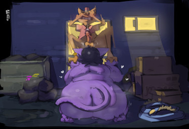 alley anal anthro back_fat bag balls big_butt black_hair bottomless butt clothed clothes_on_floor clothing covering covering_face dumpster duo ear_piercing erection female genitals hair hat headgear headwear heart_symbol kneeling male male/female motion_lines nude oral overweight overweight_anthro overweight_female penis piercing rimming sex tail trash trash_bag dreamywolfdd undertale_(series) burgerpants catty_(undertale) domestic_cat felid feline felis mammal 2025 hi_res signature