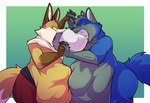 abdominal_bulge anthro belly big_belly blue_body blue_fur canid canine canis colored coyote duo fox fur hi_res hoodah male male_pred mammal oral_vore orange_body orange_fur shaded vore