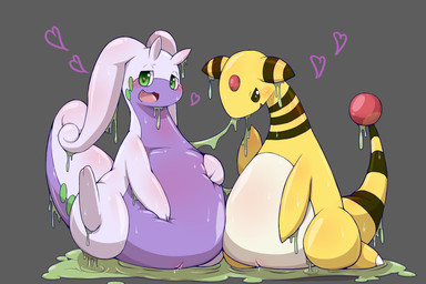 3:2 <3 <3_eyes ampharos blush bodily_fluids cute_fangs duo female feral genital_fluids genitals goodra grey_background hi_res hukitsuneko looking_at_viewer nintendo open_mouth overweight overweight_female pokémon pokémon_(species) pussy pussy_juice semi-anthro simple_background tongue video_games