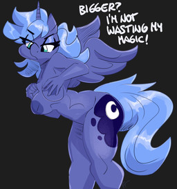 anthro anthrofied blue_body blue_eyes blue_hair blue_tail breasts cutie_mark dialogue female hair horn inverted_nipples leaning leaning_forward long_hair nipples solo standing tail text unicorn_horn wings flutterthrash friendship_is_magic hasbro my_little_pony mythology princess_luna_(mlp) equid equine mammal mythological_creature mythological_equine winged_unicorn absurd_res english_text hi_res