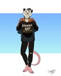 anthro barefoot bottomwear clothing ears_outwards eyes_closed feet happy holding_clothing holding_object holding_shirt holding_topwear jewelry male necklace pivoted_ears shirt shorts simple_background smile solo tail teeth_showing text text_on_clothing text_on_shirt text_on_topwear topwear bartek22 oscar_the_opossum_(bartek22) american_opossum mammal marsupial hi_res