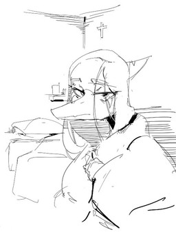 anthro bed bedroom christian_cross christian_symbol cross female furniture hair long_hair long_snout looking_at_viewer messy_hair religion religious_symbol sitting snout solo tired_eyes unknown_artist cavemanon_studios christianity goodbye_volcano_high ko_op_(game_developer) snoot_game fang_(gvh) prehistoric_species pterosaur reptile scalie monochrome sketch