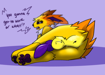 annoyed anthro anus butt butt_focus genitals knot knotted_penis lying male on_side pawpads penis solo synthet1c voltage_(synthet1c) nintendo pokemon eeveelution generation_1_pokemon jolteon pokemon_(species)