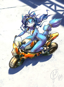 accessory anthro blue_body blue_eyes blue_fur blue_hair breasts casual_nudity clothing day detailed_background driving driving_nude electronics featureless_breasts female footwear footwear_only fur furgonomics hair headphones high-angle_view looking_up mostly_nude motorcycle nude outside road shoes shoes_only solo straddling tail tail_accessory tailband vehicle white_body white_fur edtropolis nintendo star_fox krystal_(star_fox) canid canine fox mammal 2009 hi_res signature