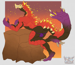 anthro biped black_body bulge bulge_from_behind butt claws clothed clothing embers fangs green_eyes green_sclera jockstrap jockstrap_only kneeling male male_anthro mouth_closed multicolored_arms multicolored_body multicolored_legs multicolored_tail no_pupils purple_feet purple_hands raised_foot red_body rock sail_(anatomy) simple_background solo spiked_neck tail teeth toe_claws topless underwear underwear_only daikuhiroshiama capcom monster_hunter agnaktor leviathan_(mh) 2025 hi_res