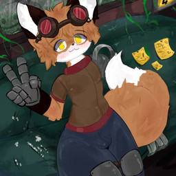 anthro blush bottomwear clothing eyewear fur glasses male orange_body orange_fur pants plant prosthetic raining tight_bottomwear tight_clothing tight_pants yellow_eyes freythepuppy canid canine fox mammal 1:1 hi_res