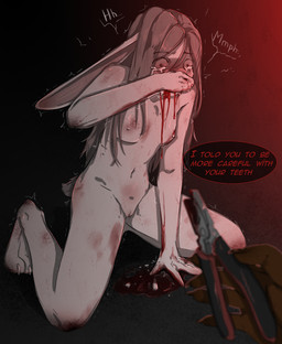 anthro blood blood_from_mouth blood_in_mouth blood_on_face blood_on_hand blush bodily_fluids breasts crying dialogue duo female forced fur genitals gore hair male male/female nipples nude pain simple_background tail tears tears_of_pain teeth text tools tooth_removal torture vulva white_body white_fur yourumi kais_(yourumi) mieri_(yourumi) canid canine fox lagomorph leporid mammal rabbit absurd_res digital_media_(artwork) english_text hi_res