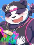 anthro blue_background blush clothed clothing eyes_closed fur hat headgear headwear heart_symbol humanoid_hands male moobs overweight overweight_anthro overweight_male purple_body purple_fur shirt simple_background solo topwear stnc5511 lifewonders tokyo_afterschool_summoners alp_(tas) bear giant_panda mammal 2019 hi_res