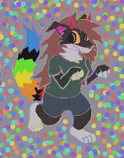 anthro blue_bottomwear blue_clothing blue_shorts bottomwear brown_body brown_fur brown_hair closed_smile clothing dotted_background female fur green_clothing green_shirt green_topwear hair mouth_closed multicolored_tail pattern_background rainbow_tail shirt shorts simple_background smile solo tail tan_body tan_fur toony topwear demensa felid feline mammal 2025 full-length_portrait hi_res portrait
