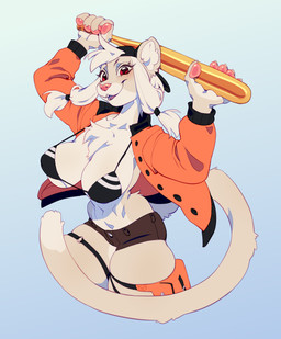 anthro backwards_baseball_cap backwards_hat baseball_bat baseball_cap bat_(object) big_breasts biped bottomwear bra breasts chest_tuft cleavage clothed clothed_anthro clothed_female clothing female female_anthro fingers fur hair hat headgear headwear hotpants jacket light_body light_fur light_hair light_tail looking_at_viewer nipple_outline open_clothing open_jacket open_topwear pigtails red_eyes shorts simple_background smile solo squish standing tail tan_body tan_fur thigh_pouch thigh_squish tomboy topwear tuft under_boob underwear white_hair takiminada frankie_(extremedash) felid lion mammal pantherine 2020 absurd_res digital_media_(artwork) hi_res portrait shaded three-quarter_portrait
