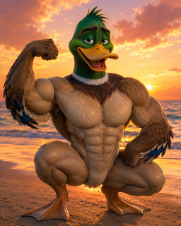 anthro beach biceps crouching male male/male pose smile solo sunset mack_mallard_(migration) anas anatid anseriform avian bird dabbling_duck duck humanoid mallard hi_res